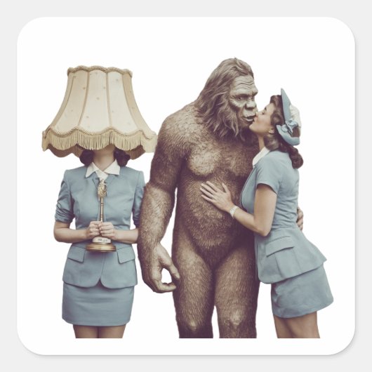 Vintag Lady Kissing Sasquatch Quadratischer Aufkleber (Vorderseite)
