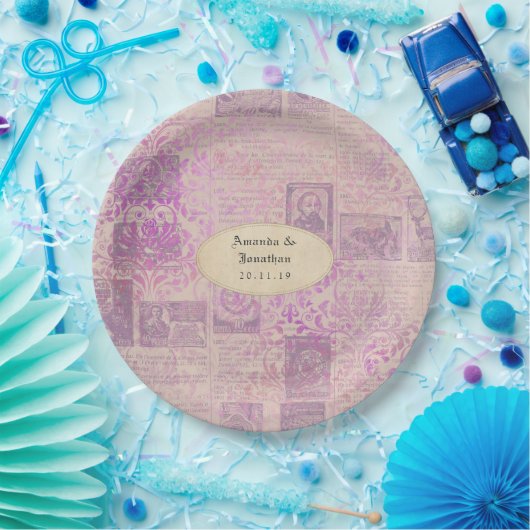 Vintag Lavender Ephemera Damask Wedding Pappteller (Party)