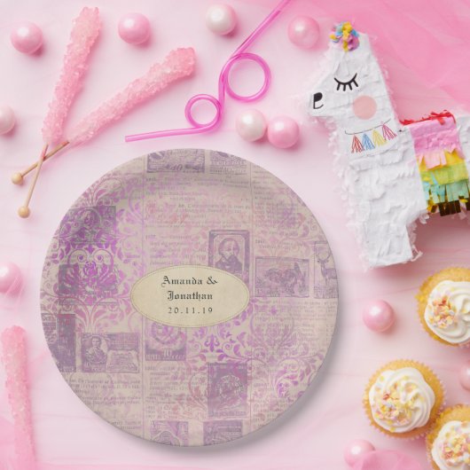 Vintag Lavender Ephemera Damask Wedding Pappteller (Party)
