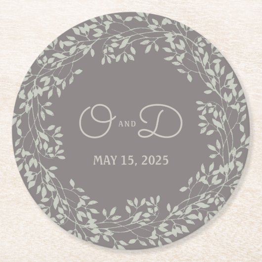 Vintag Leafy Wreath Wedding Runder Pappuntersetzer (Vorderseite)