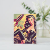 Vintag Leather Girl Sci-Fi Postkarte (Stehend Vorderseite)