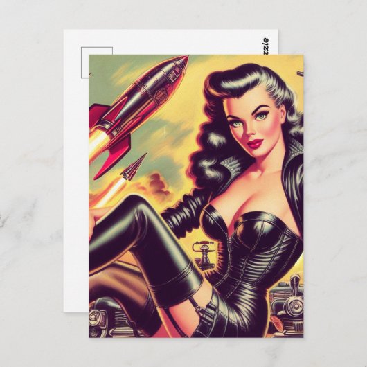 Vintag Leather Girl Sci-Fi Postkarte (Vorne/Hinten)
