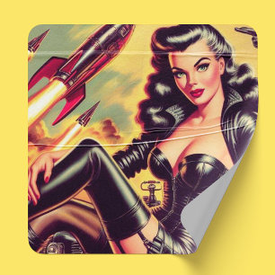 Vintag Leather Girl Sci-Fi Quadratischer Aufkleber
