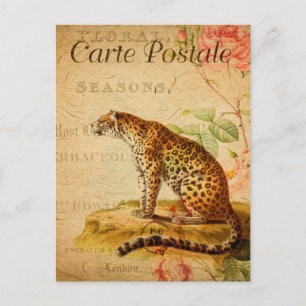 Vintag Leopard Jaguar Wild Animal Floral Französis Postkarte