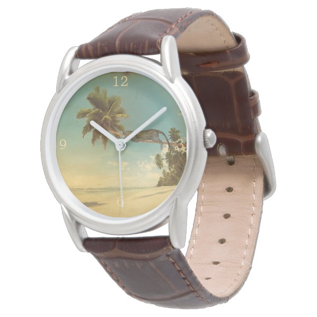 Vintag Leopard Palm Tree Beach Armbanduhr (Schrägansicht)
