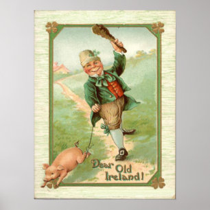 Vintag Leprechaun Pig Shillelagh St Patrick's Day Poster