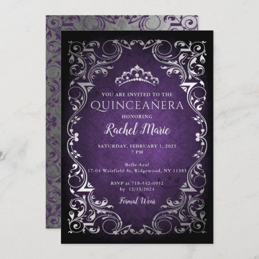 Vintag Lila Silberprinzessin Tiara Quinceañera Einladung (Vorne/Hinten)