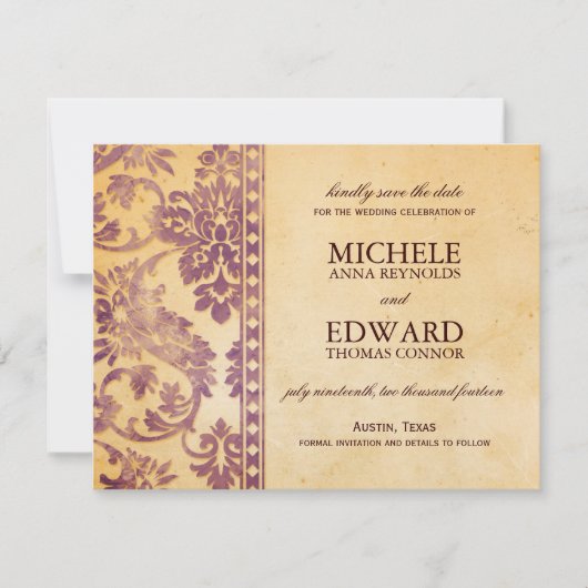 Vintag Lilac Damask Lace Save the Date Einladung (Vorderseite)