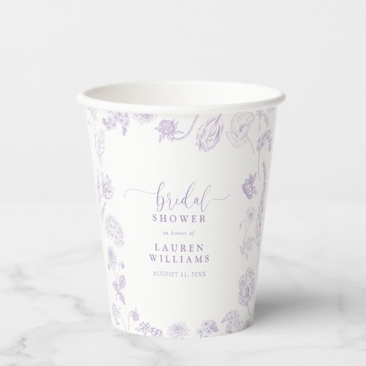 Vintag Lilac Lavender Floral Script Brautparty Pappbecher (Vorderseite)