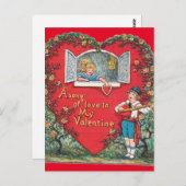 Vintag Little Boy Serenades Little Girl Valentine Postkarte (Vorne/Hinten)