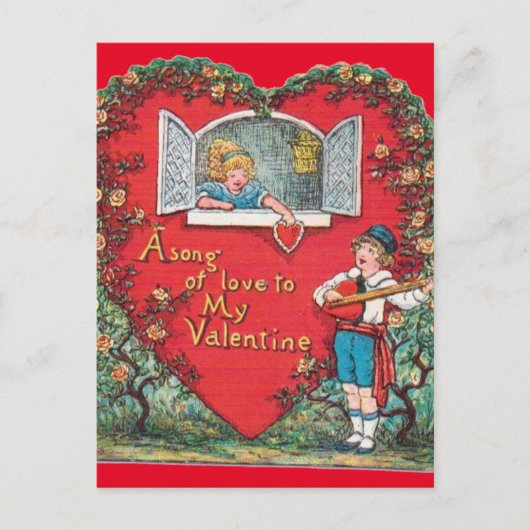 Vintag Little Boy Serenades Little Girl Valentine Postkarte (Vorderseite)