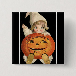 Vintag Little Girl Big Halloween Pumpkin Square Button