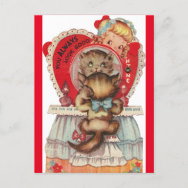 Vintag Little Girl & Kitten Valentine der 50er Jah Postkarte