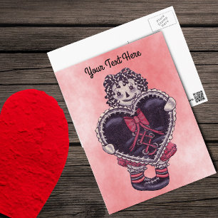 Vintag Look Gothic Rag Doll Black Heart Pink Postkarte