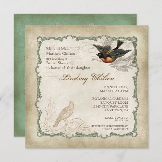 Vintag Love Bird Blush Rose Bouquet Brautparty Einladung (Vorne/Hinten)