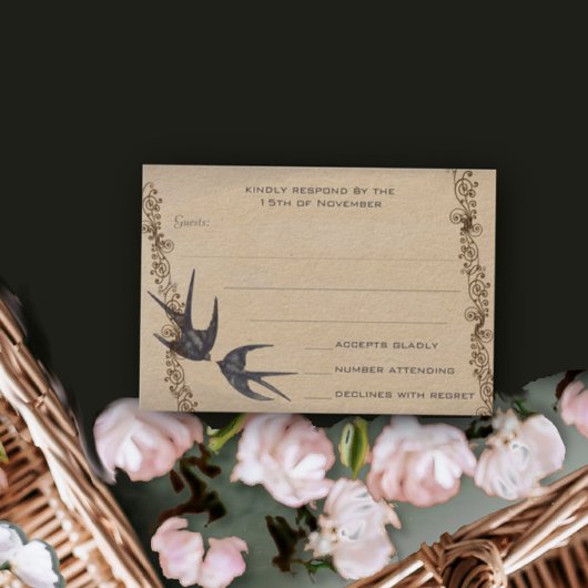 Vintag Love Bird Navy Wedding RSVP Karte