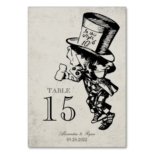Vintag Mad Hatter Alice im Wunderland Hochzeit Tischnummer (Vorderseite)