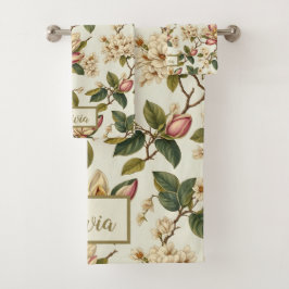 Vintag Magnolia Blume Blossom Verlassen Muster Badhandtuch Set