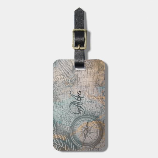 Vintag Map Compass Monogram Gepäckanhänger (Vorderseite vertikal)