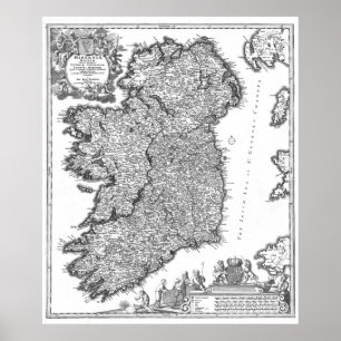 Vintag Map of Ireland (1716) BW Poster