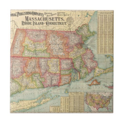 Vintag Map of New England Staaten (1900) Fliese (Vorderseite)