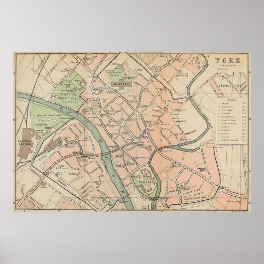Vintag Map of York England (1890) Poster (Vorne)