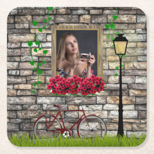 Vintag Märchenhof Fahrrad Rose Girly Foto Rahmen Rechteckiger Pappuntersetzer