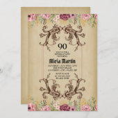 Vintag Maroon Gold Blume Parchment Geburtstag Einladung (Vorne/Hinten)