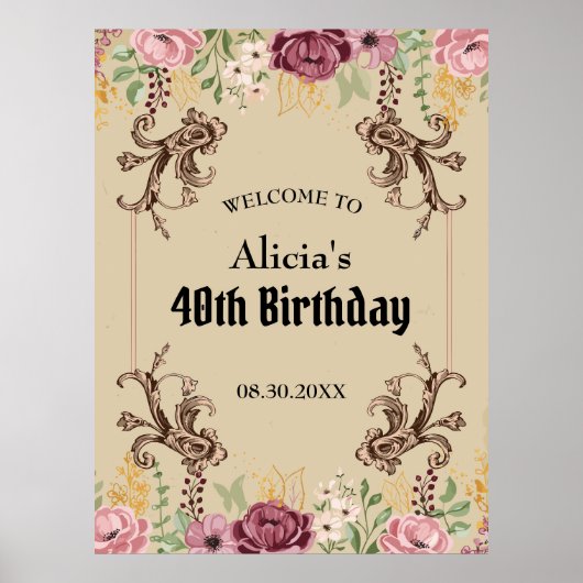 Vintag Maroon Gold Blume Parchment Geburtstag Poster (Vorne)