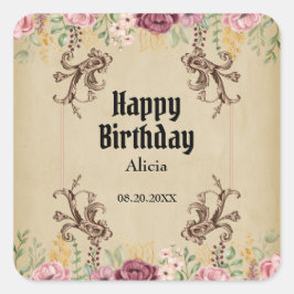 Vintag Maroon Gold Blume Parchment Geburtstag Quadratischer Aufkleber