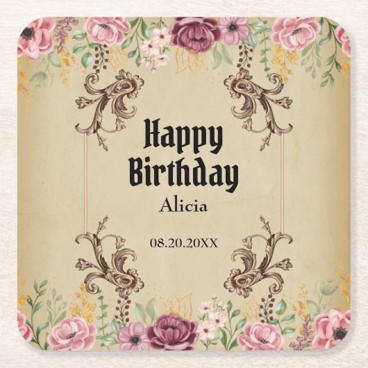 Vintag Maroon Gold Blume Parchment Geburtstag Rechteckiger Pappuntersetzer (Vorderseite)