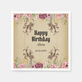 Vintag Maroon Gold Blume Parchment Geburtstag Serviette