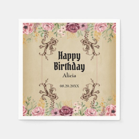 Vintag Maroon Gold Blume Parchment Geburtstag Serviette (Vorderseite)