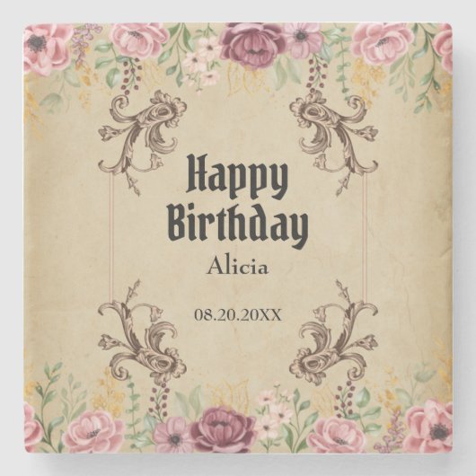 Vintag Maroon Gold Blume Parchment Geburtstag Steinuntersetzer (Vorderseite)