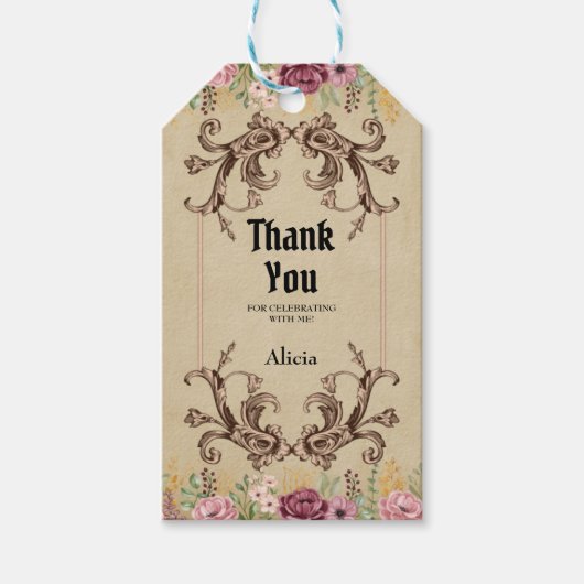 Vintag Maroon Gold Blume Parchment Vielen Dank Geschenkanhänger (Vorderseite)