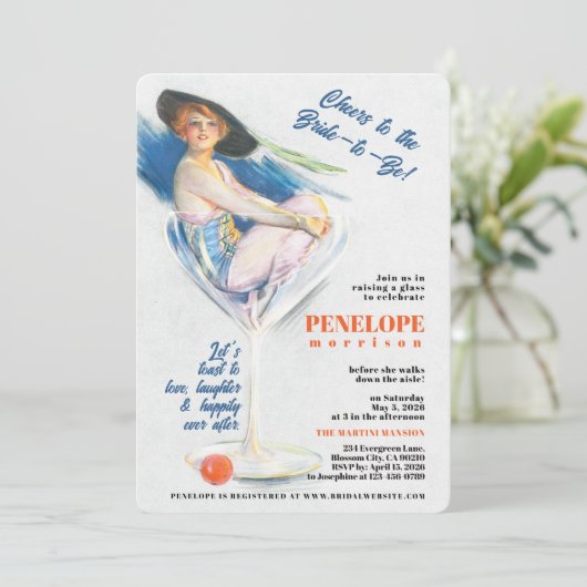 Vintag Martini Girl Junggeselinnen-Abschied Einladung (Stehend Vorderseite)