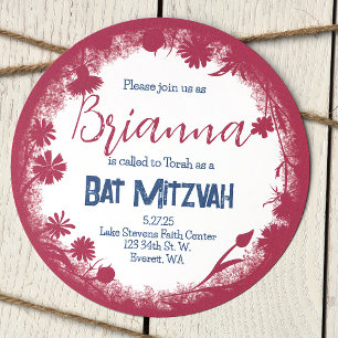 Vintag Mauve Pink, Navy Blue Bat Mitzvah Rustikal Einladung