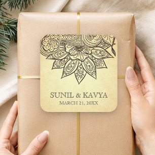 Vintag Mehendi Henna Indian Gastgeschenk Hochzeit  Quadratischer Aufkleber