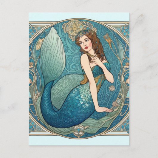 Vintag Mermaid Art Nouveau Retro Deko Aquamarin Postkarte (Vorderseite)
