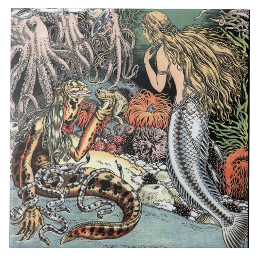 Vintag Mermaid & Octopi Fliese (Vorderseite)