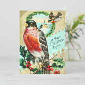 Vintag Merry Christmas Bird Holly Einladung (Stehend Vorderseite)