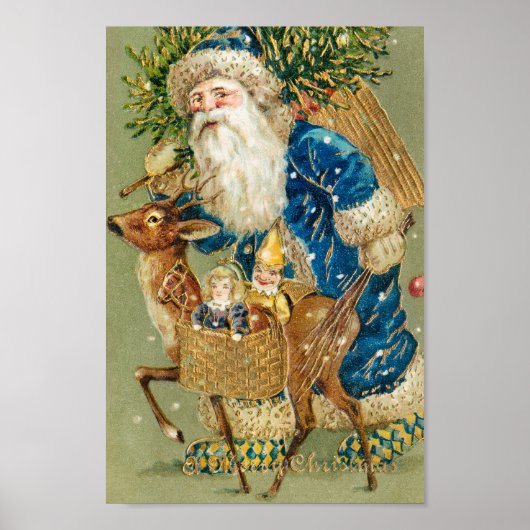 VINTAG MERRY CHRISTMAS BLUE SANTA CLAUSE POSTER (Vorne)