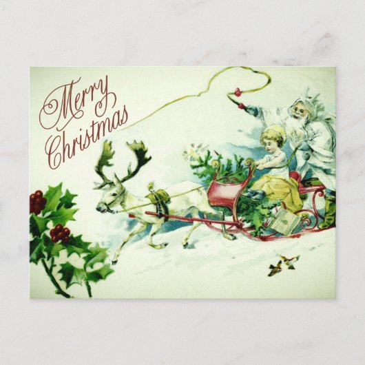 Vintag Merry Christmas Santa Sleigh Reindeer Postkarte (Vorderseite)