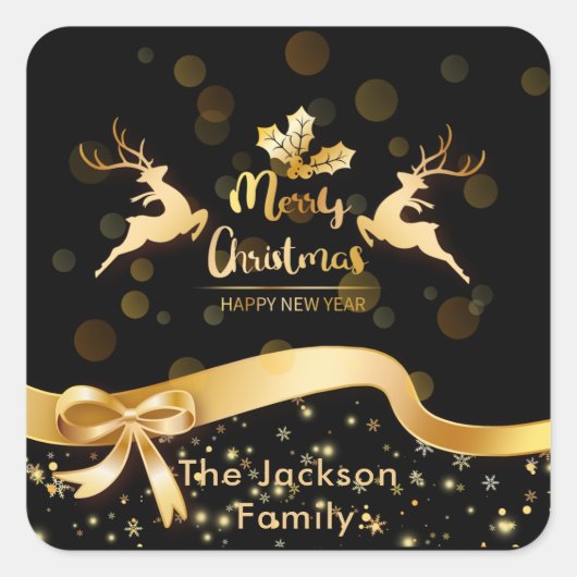 Vintag Merry Christmas Santa Sleigh Reindeer Quadratischer Aufkleber (Vorderseite)