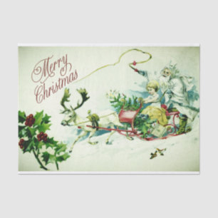 Vintag Merry Christmas Santa Sleigh Reindeer Seidenpapier