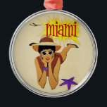 Vintag Miami Beach Ornament Aus Metall<br><div class="desc">Vintage Miami Tourismus Werbung - Flugzeug,  Frau am Strand,  Sonne und Sand</div>
