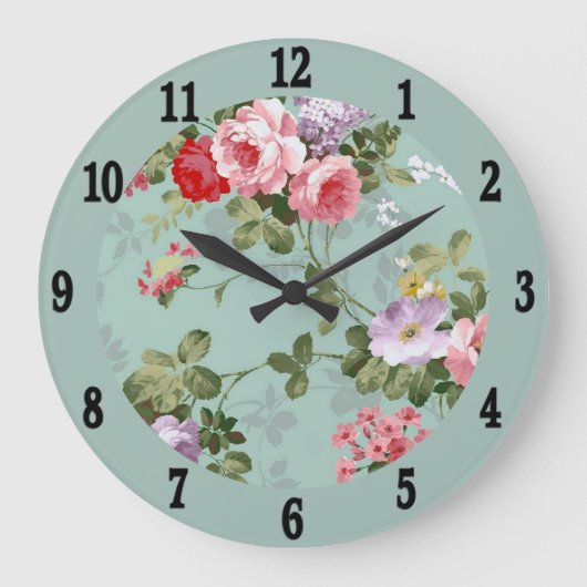 Vintag-Minze-Green-Floral-Design Große Wanduhr (Vorderseite)