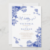 Vintag Modern Blue Chinoiserie Blumenzehen Einladung (Vorderseite)