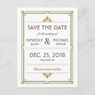 Vintag Moderne Art Deco Mint & Gold Hochzeit Ankündigungspostkarte