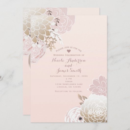 Vintag Moderne Rosa & Gold Rustikale Blumenhochzei Einladung (Vorne/Hinten)